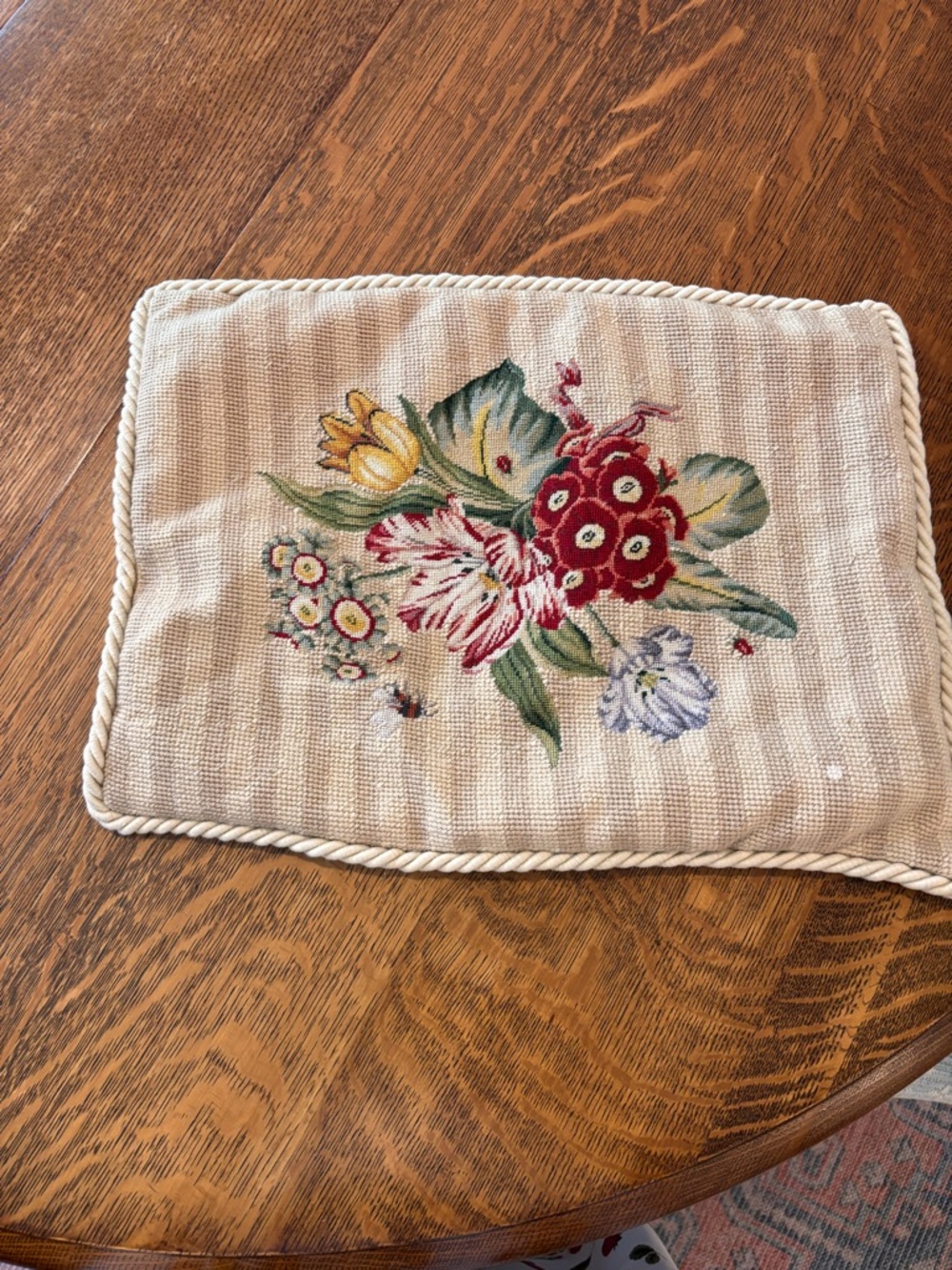 Embroidered Floral Needlepoint Cushion Cover in Cream